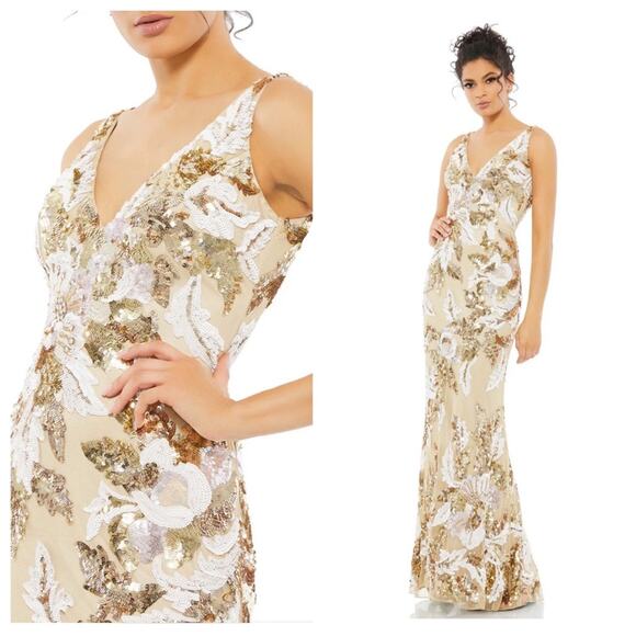 NWT MAC DUGGAL 5476 Nude Gold Floral Sequin Beaded Embellished Gown Women’s - Picture 1 of 11